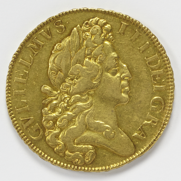 William III, five guineas, 1701, a few minor digs to nose on obverse and two minor edge