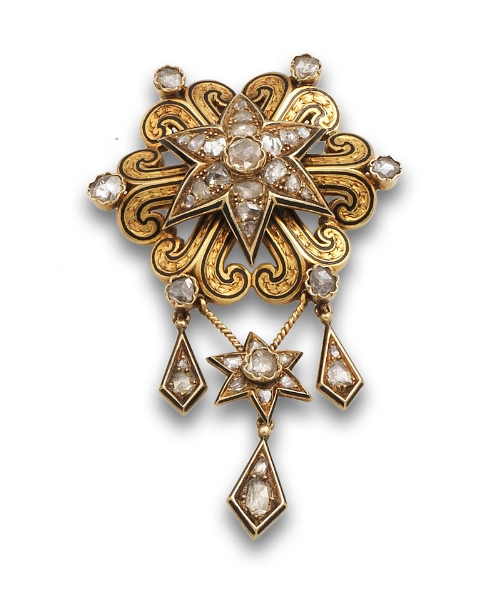 Broche Victoriano con estrella de diamantes de talla rosa como centro de flor de oro y esmalte