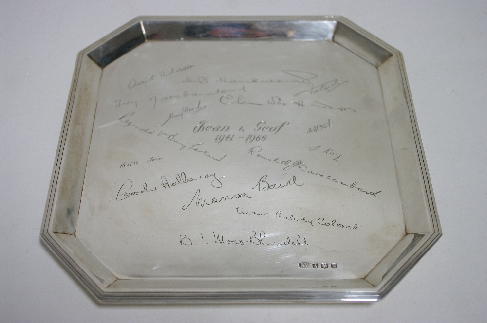 A square salver with canted corners, engraved presentation inscription & facsimilie signatures, &