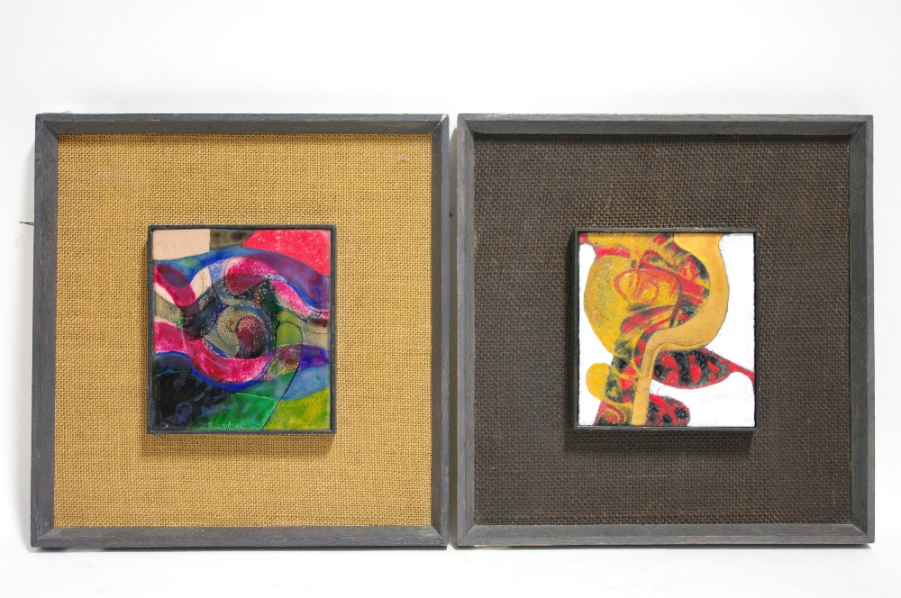 JOSEPH CURRIE (contemporary).Two abstract studies in coloured enamels on copper, titled ?Enamel No.
