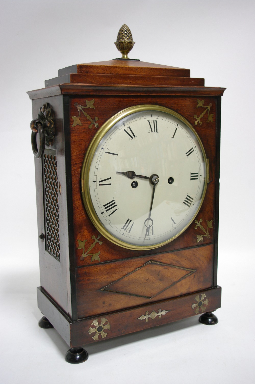 A REGENCY BRACKET CLOCK in brass-inlaid mahogany case with brass cone finial to the stepped - Image 2 of 2