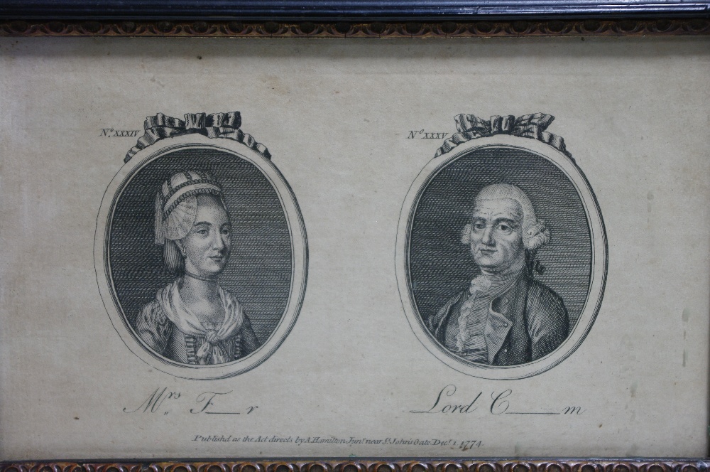 A set of four late 18th century black & white engravings, each with pair of male & female oval - Image 3 of 4