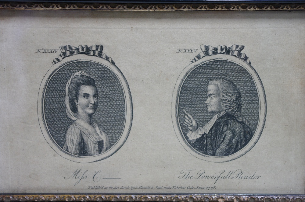 A set of four late 18th century black & white engravings, each with pair of male & female oval - Image 2 of 4