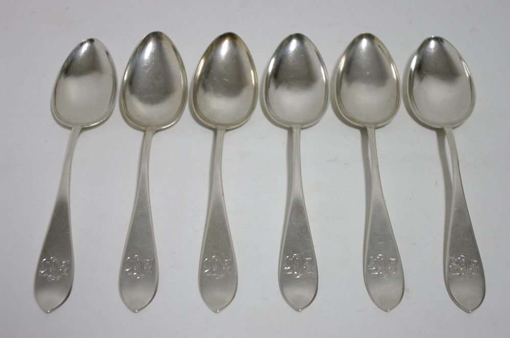 Six Finnish ?813 standard table spoons with pointed terminals; Hämeenlinna marks for 1930. (7½oz).