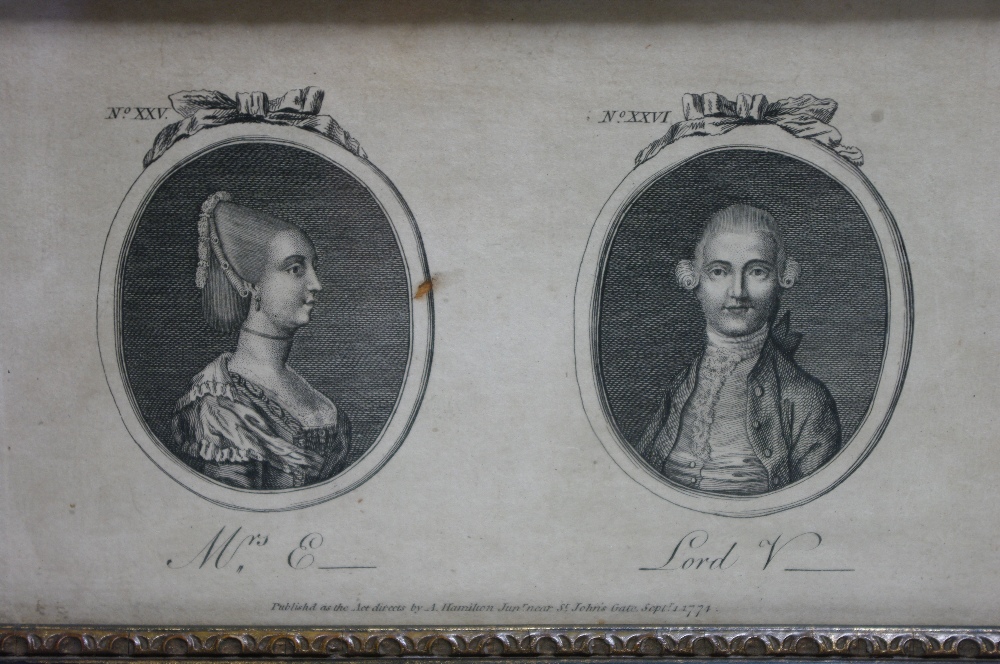 A set of four late 18th century black & white engravings, each with pair of male & female oval - Image 4 of 4