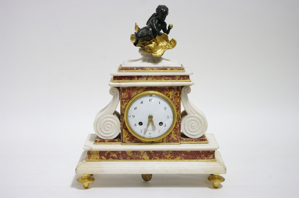 AN EARLY 19th century FRENCH MANTEL CLOCK, the 3½"" diam. white enamel convex dial with black