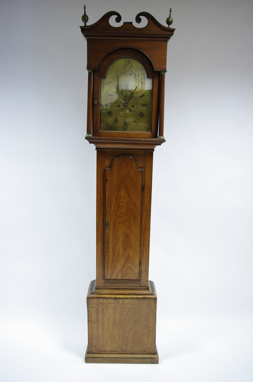 A late 18th century longcase clock, the 12"" brass dial engraved with figure of Neptune to the