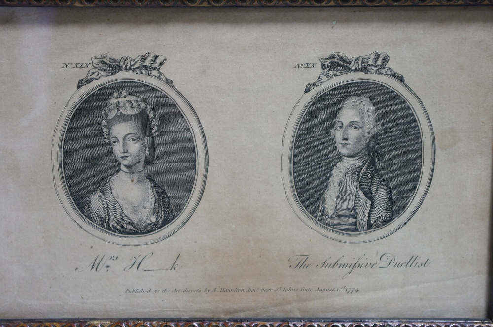 A set of four late 18th century black & white engravings, each with pair of male & female oval