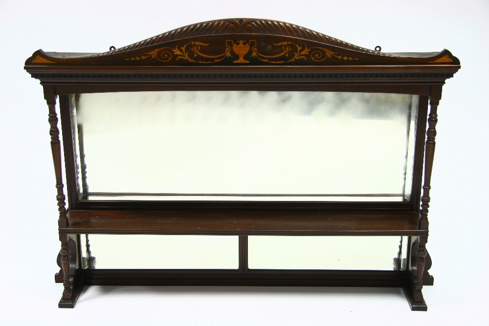 A late Victorian rosewood, mahogany, & marquetry overmantel inset rectangular bevelled mirror, with