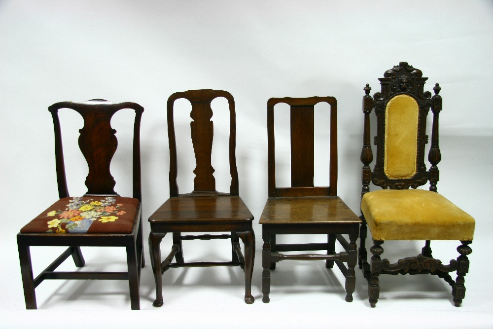 Two 18th century oak hard-seat dining chairs; a mahogany ditto with padded drop-in seat; & a