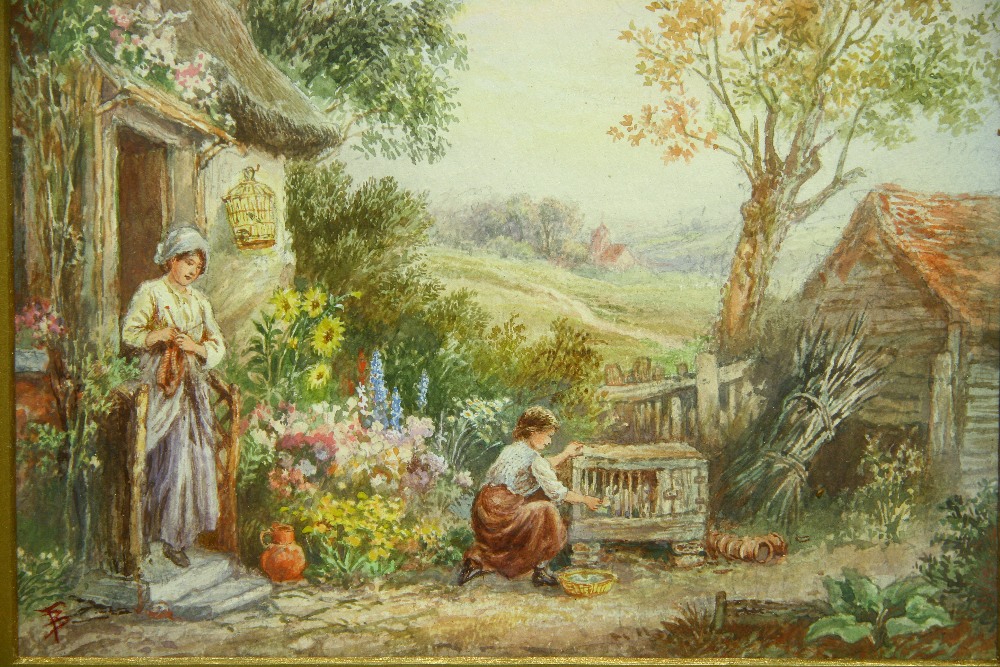 Follower of MYLES BIRKET FOSTER. A woman standing in the doorway of a thatched cottage holding her