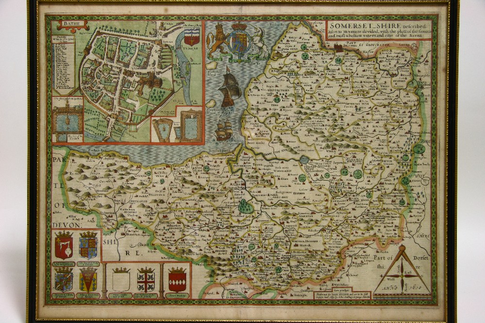 A John Speede coloured engraved map of Somersetshire, with plan of Bath to top left corner,