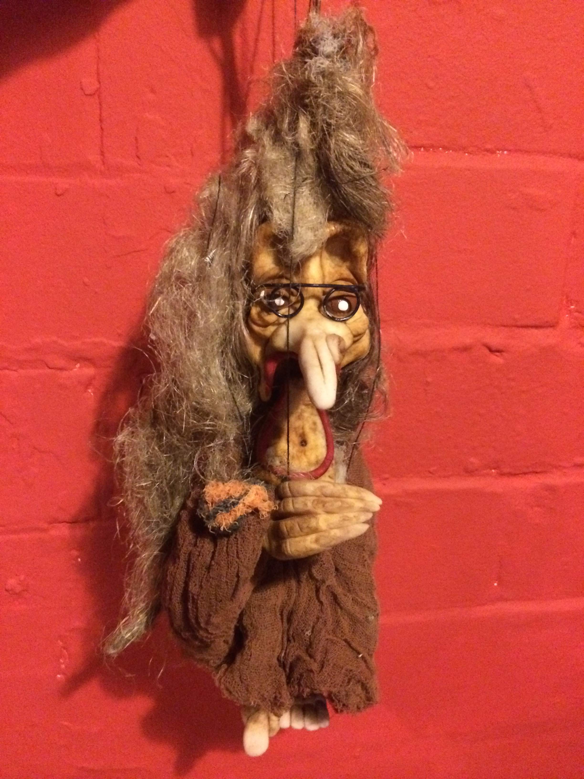 Hag crone witch puppet, previously used as a prop.