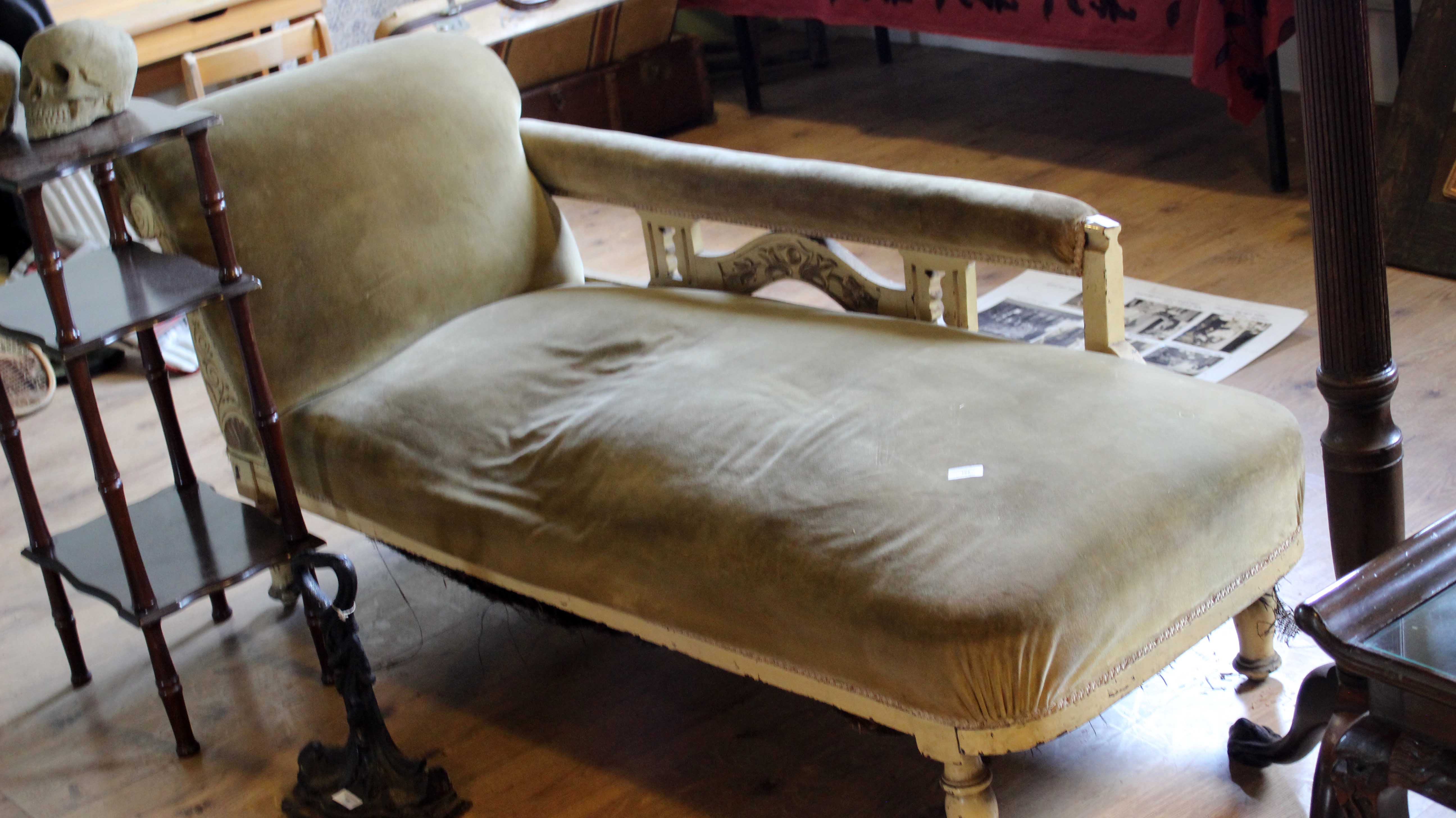 Edwardian straw filled chaise longue painted white