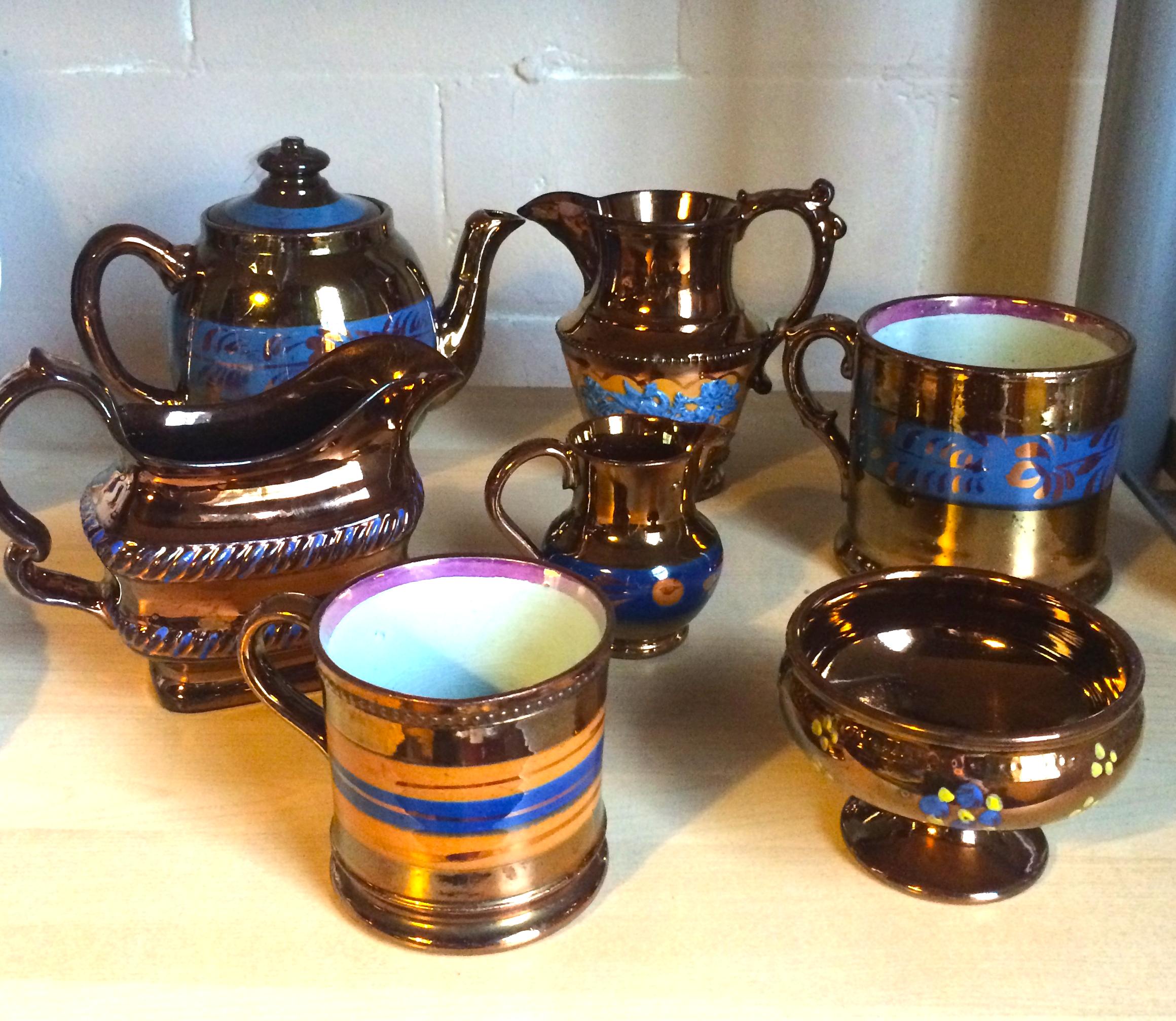 Collection of Lustreware including tea pot, jugs, bowl and mugs. (7)