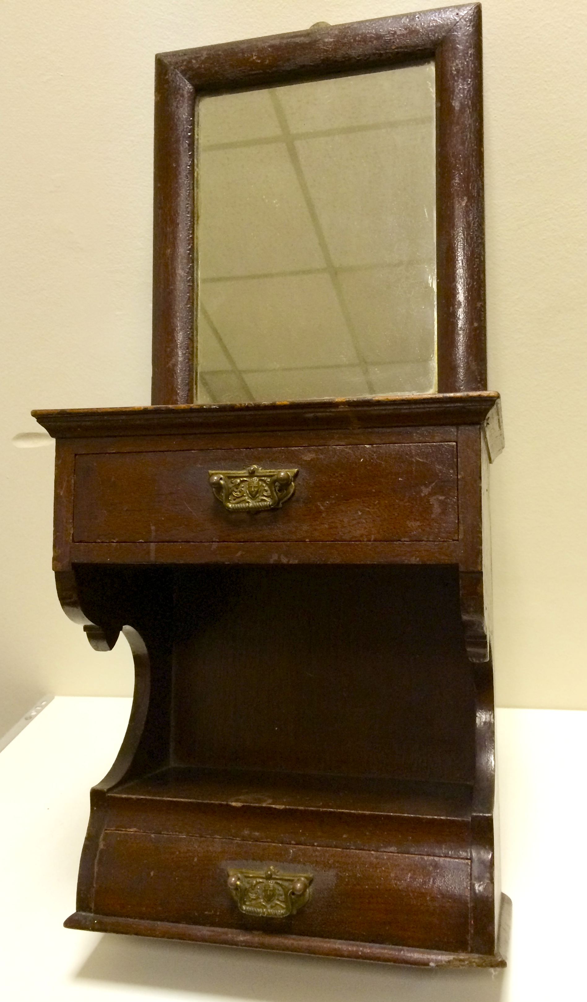 19thC wall mountable, two drawer, mirrored candle box.