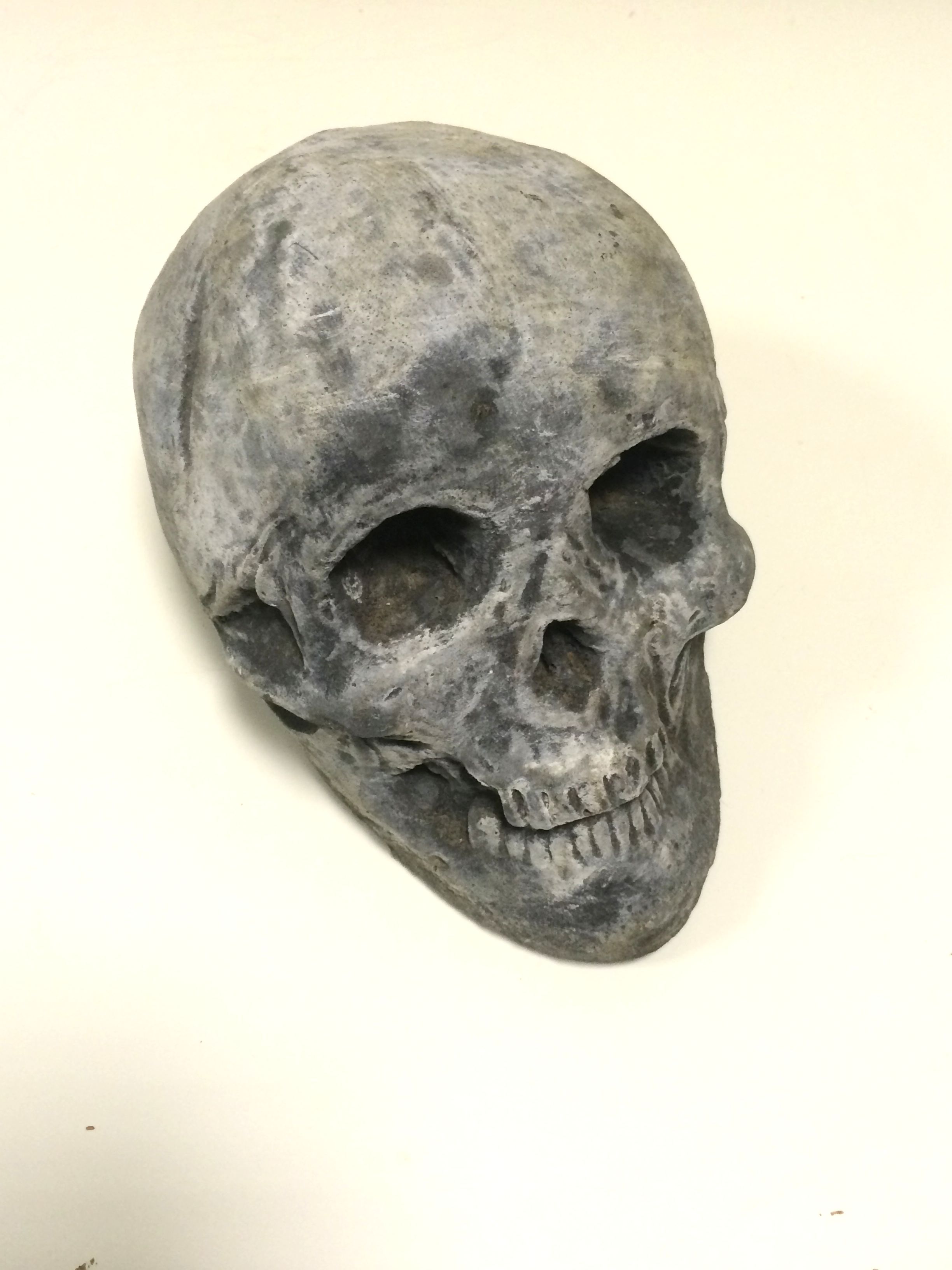 Adult size ornamental skull made with reconstituted stone.