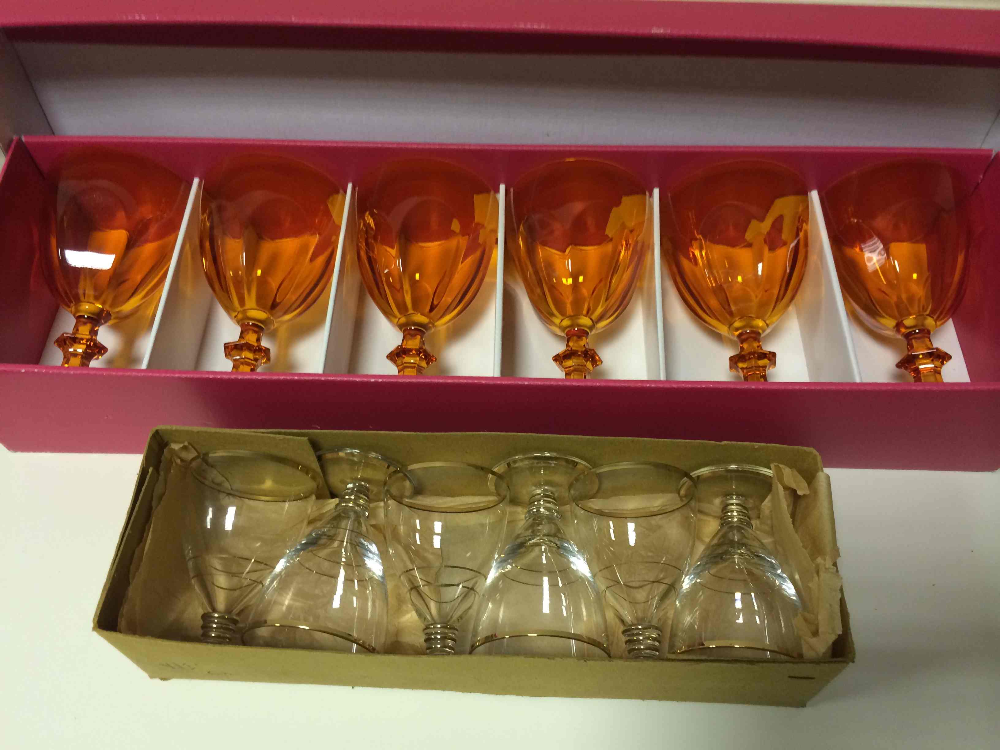 2 sets of boxed glasses, one modern French and one English early 20thC.