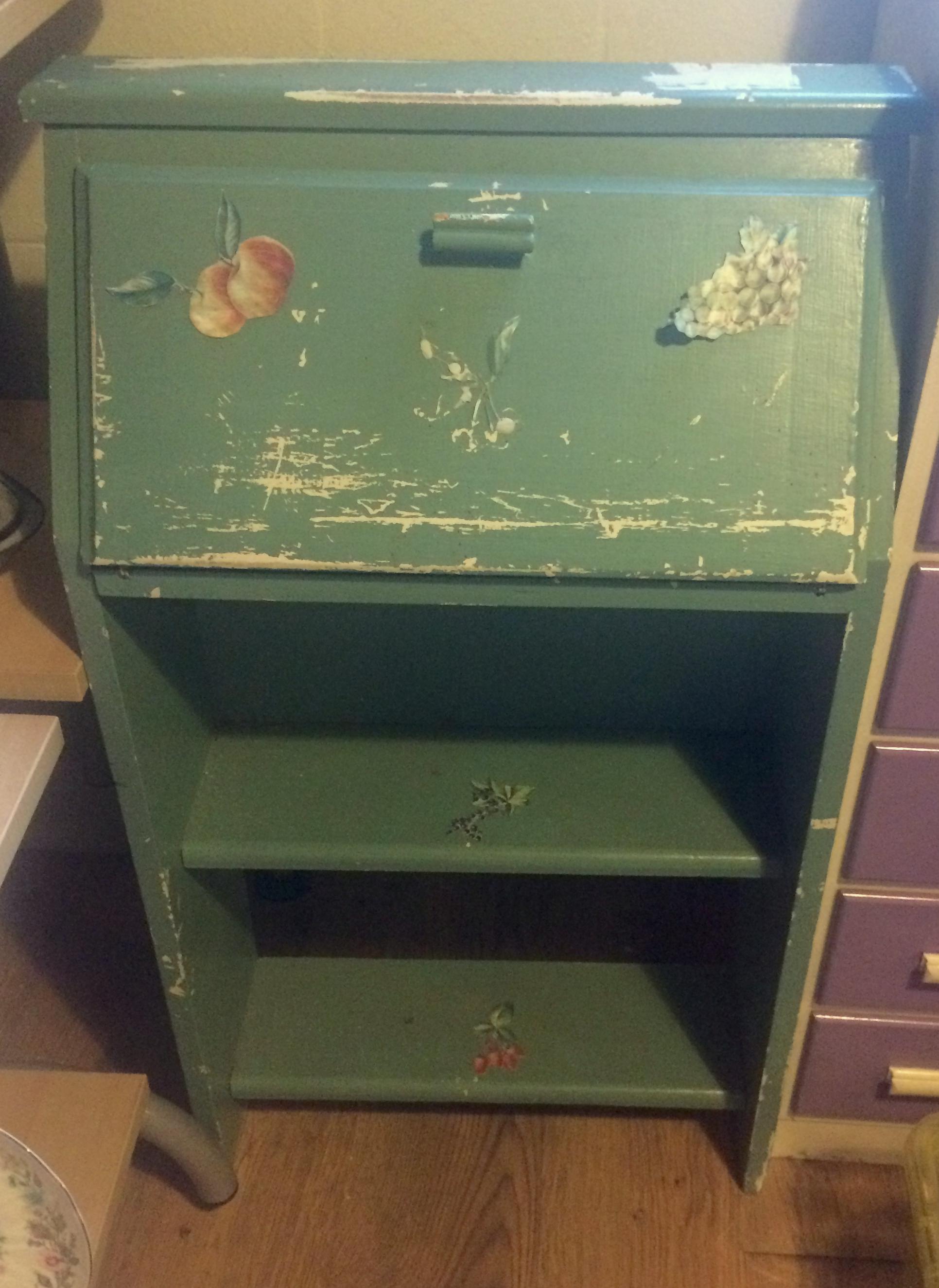 Small bureau, painted blue in the shabby, vintage chic style, decorated with additional decoupage