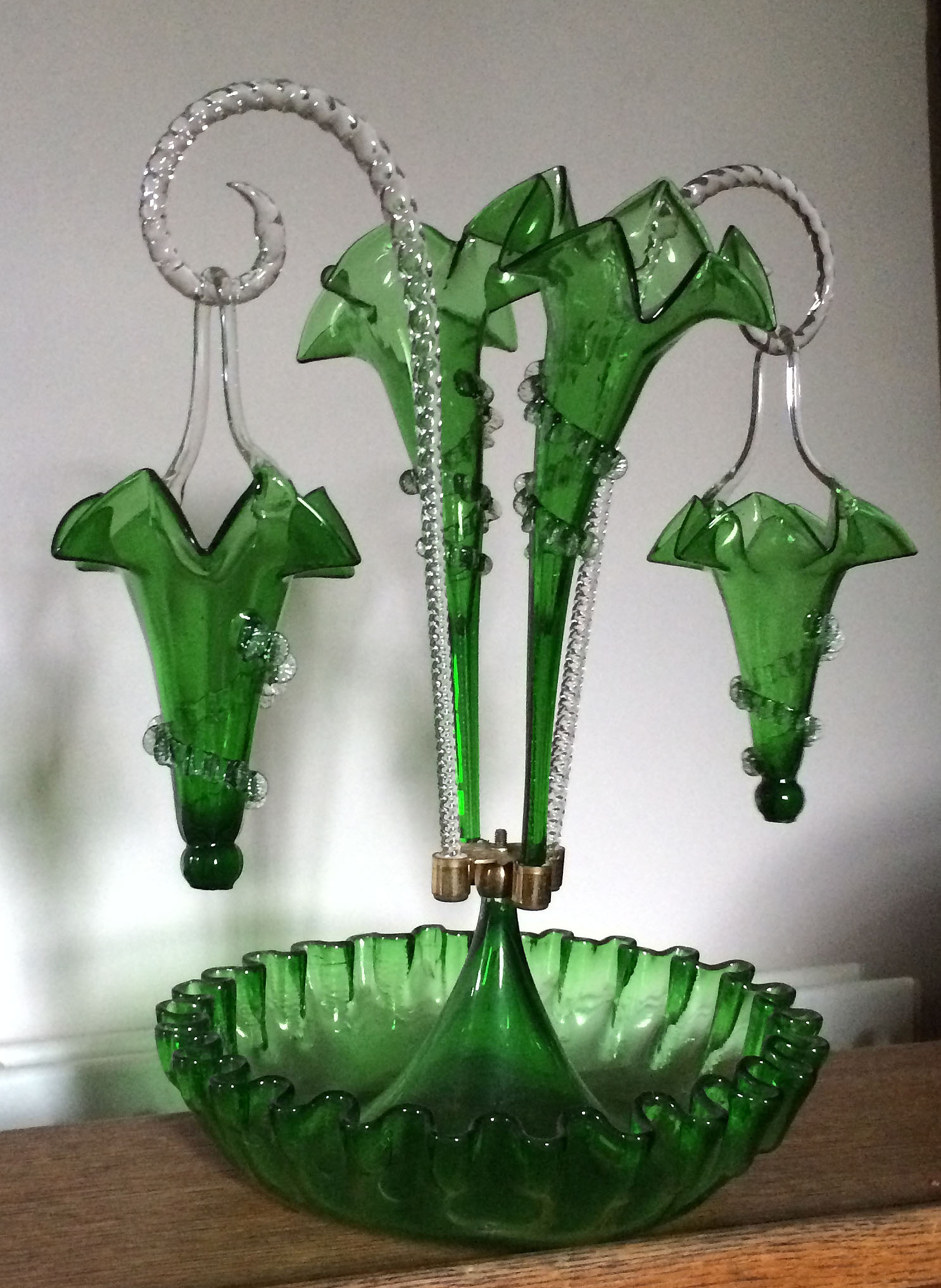 Victorian 4 branch green glass epergne with clear glass twist arms and green glass fluted bowl.