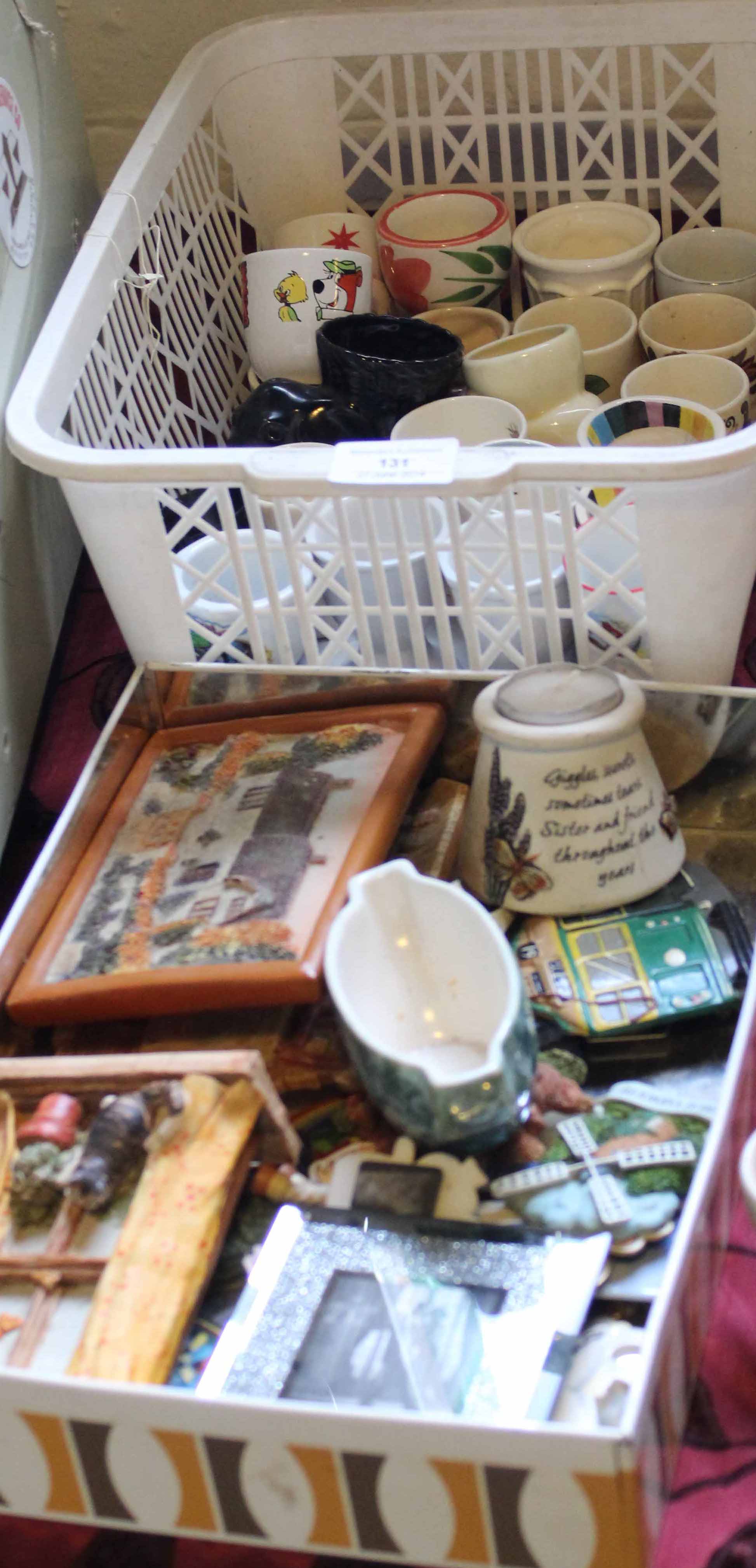 Tin of asst fridge magnets, pottery pictures Collection of egg cups inc sooty