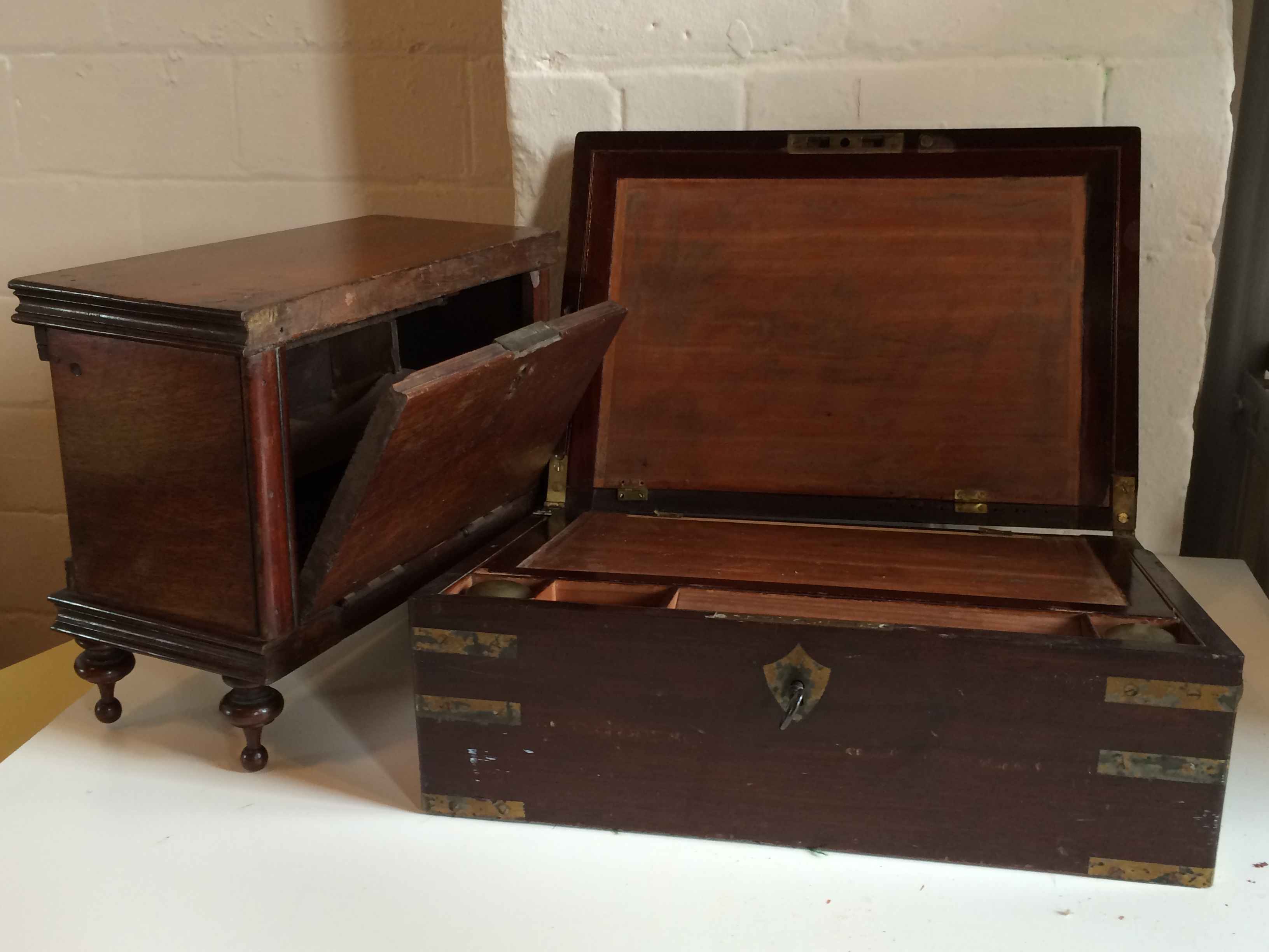Victorian writing slope with original key and ink well along with a desktop storage box. (2)