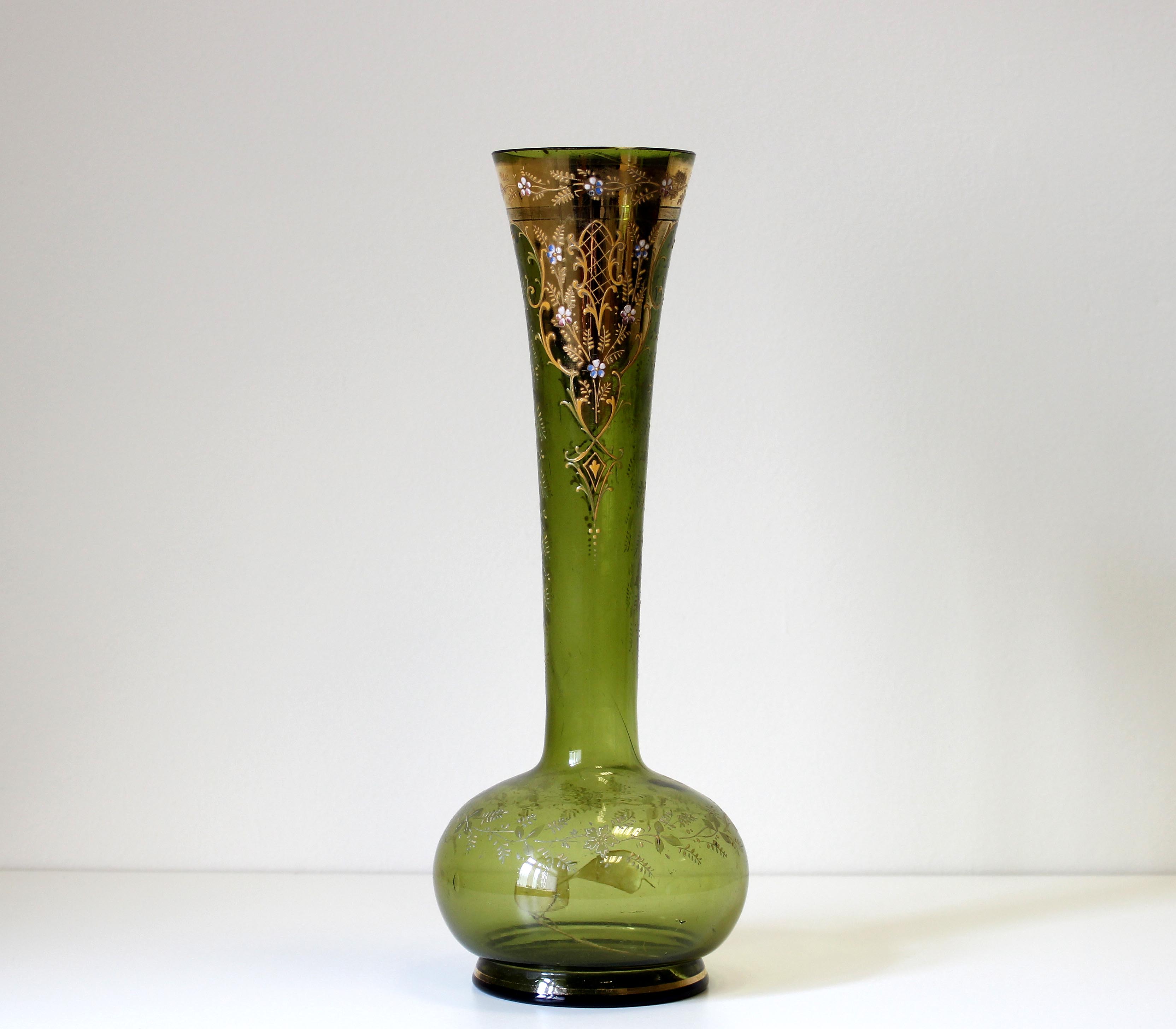 19th C Bohemian Olive glass vase with hand painted detail 32cm