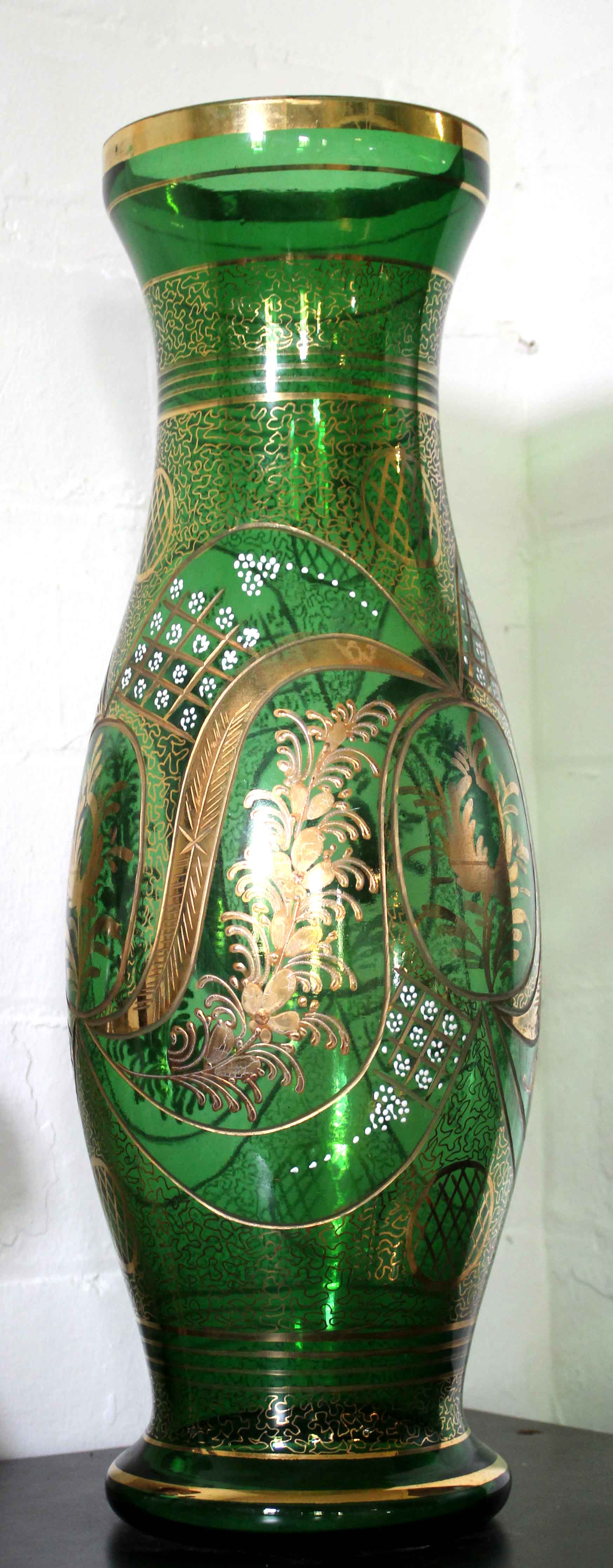 Green glass Bohemian large painted vase. approx 65cm