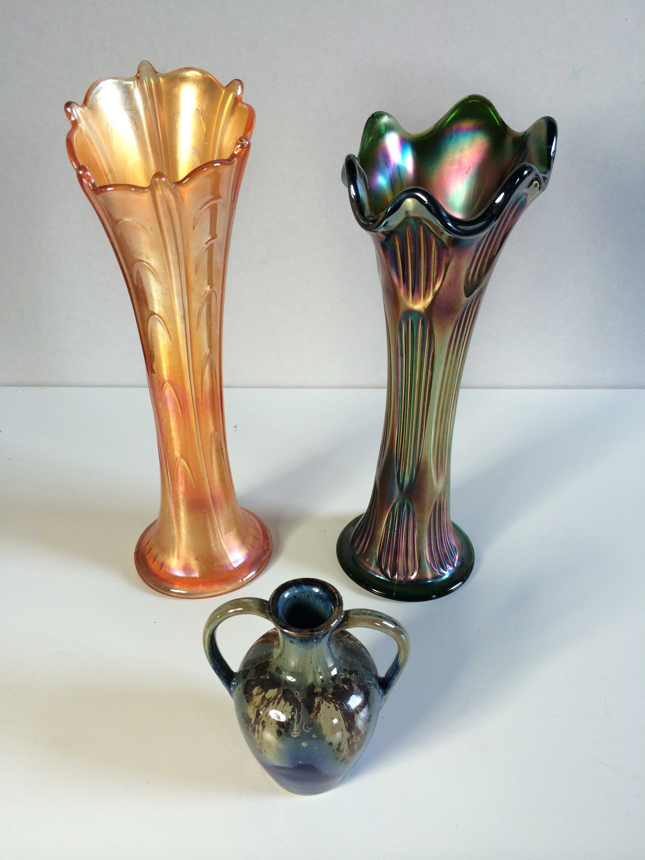 Small signed twin handled jug plus 2 Carnival Glass vases (3)