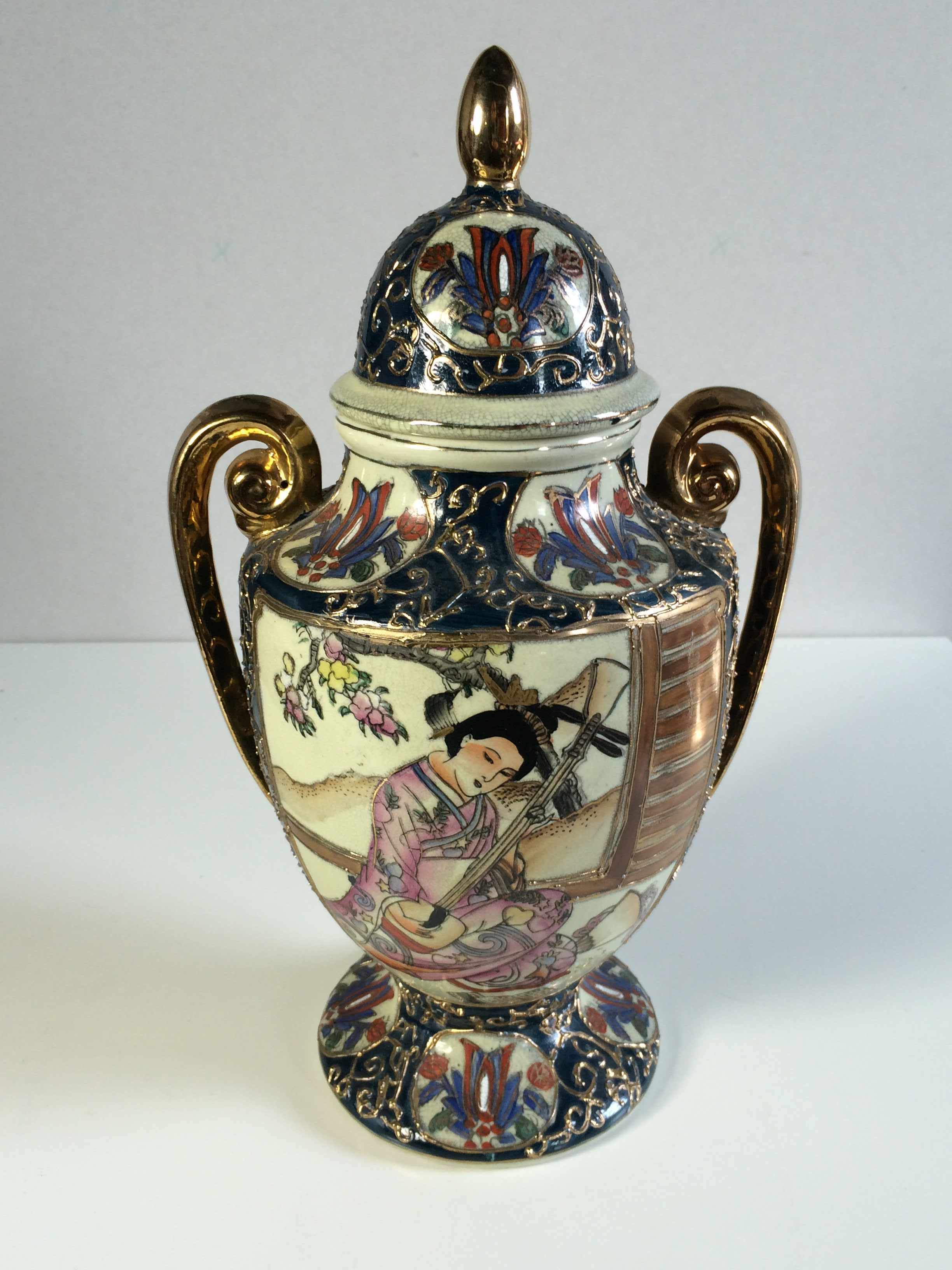 Decorative Lidded Urn stamped hand painted Satsuma 35cm