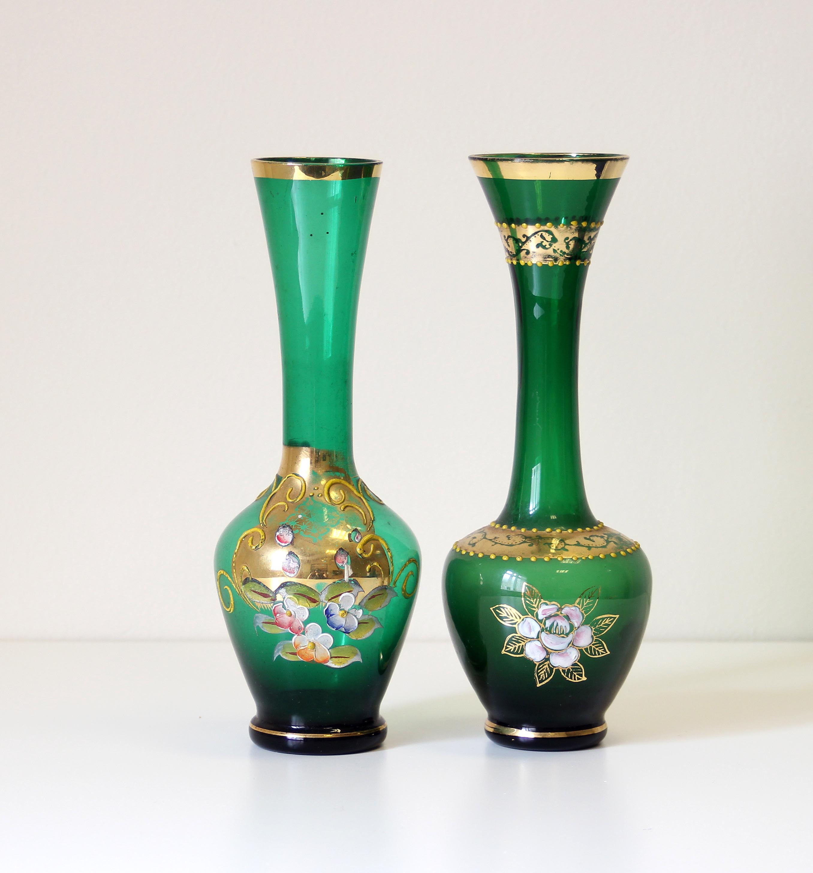 2 x Bohemian green glass vases with hand painted gold and floral detail 20cm