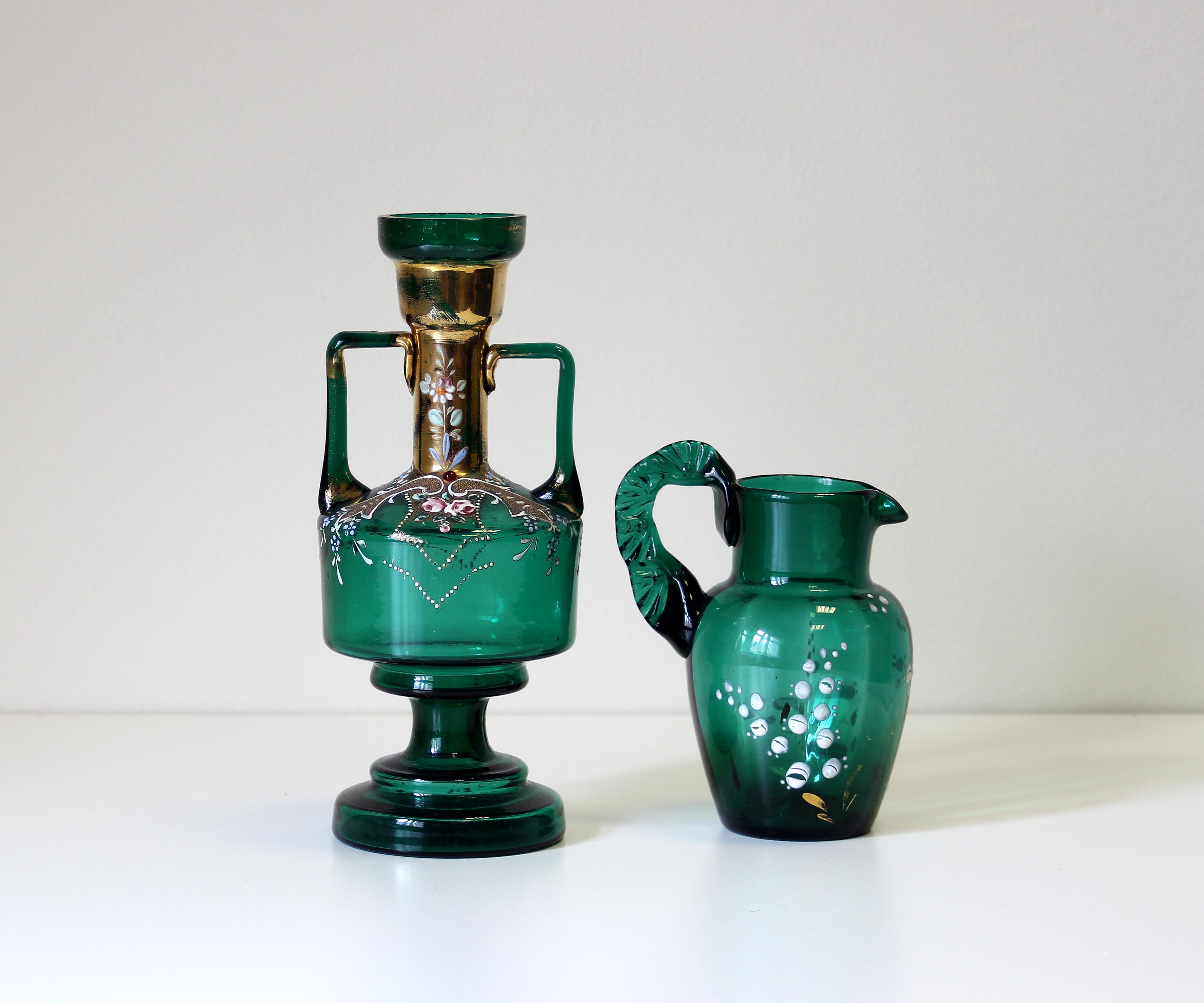 2 pcs Hand painted jade glass Victorian jug with lilly of the valley design and twin handled vase