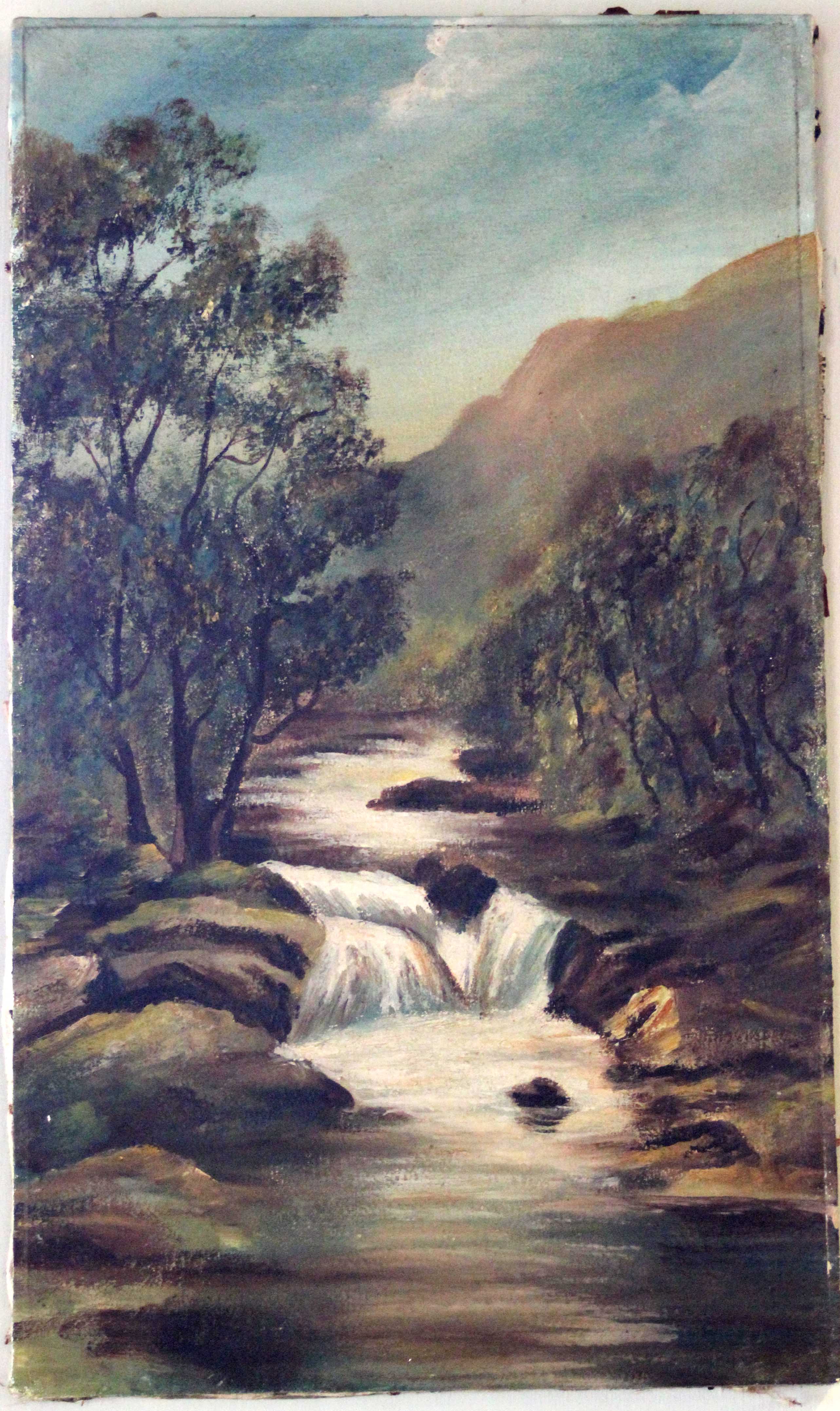 Oil on canvas - woodland stream - sig indestinct