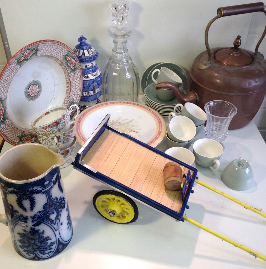 Collection of kitchenalia, and a model horse cart, including Poole pottery coffee cups & saucers,