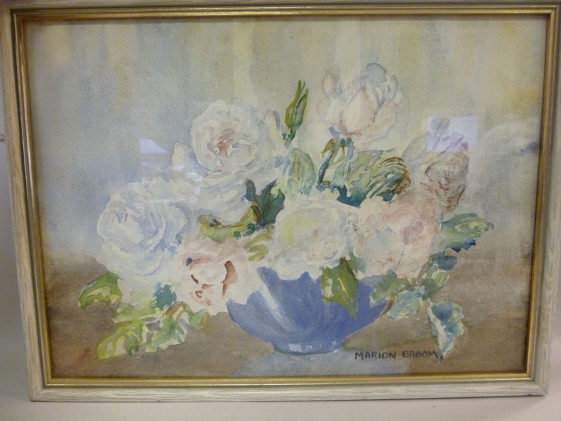 M Broom - a still life study, roses in a blue bowl  watercolour  bears a signature  11`` x 14`` in