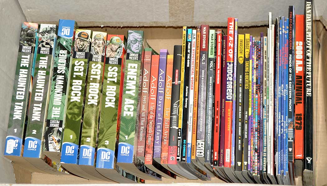DC Comics' "Showcase Presents" reprint albums; sundry graphic novels; and reprint comics albums.