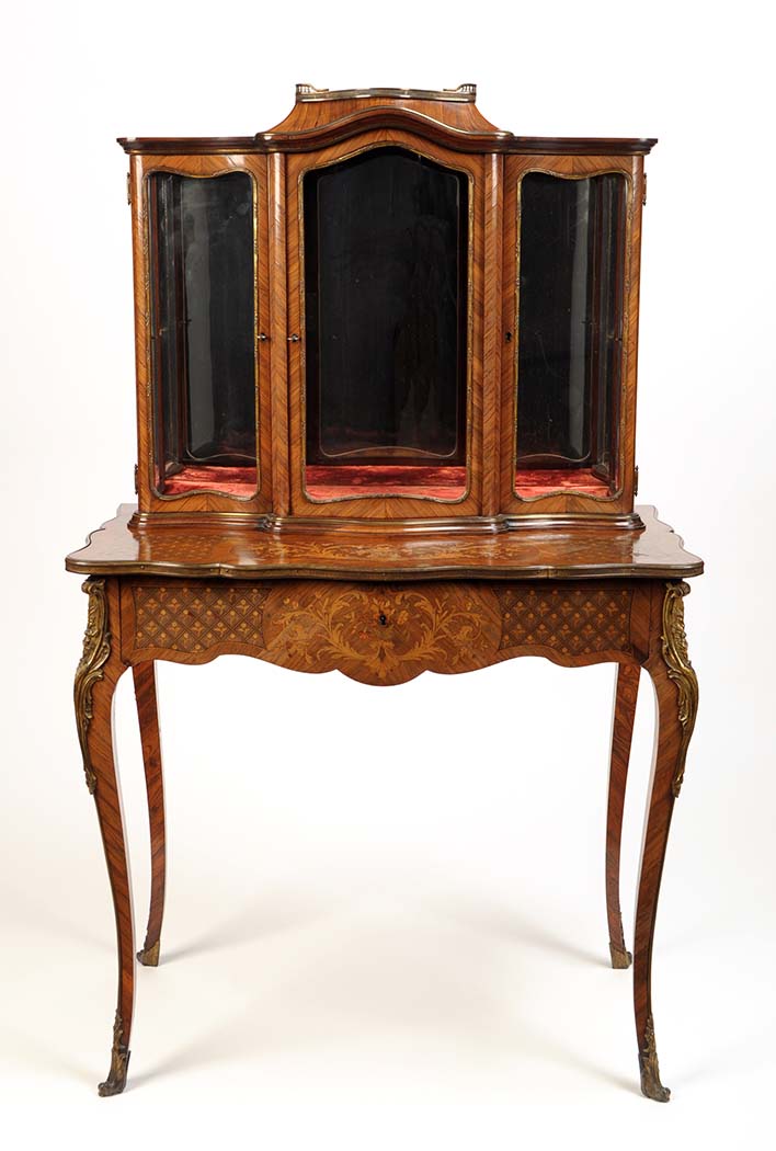 A late 19th Century French kingwood and marquetry secretaire cabinet, the raised cabinet back
