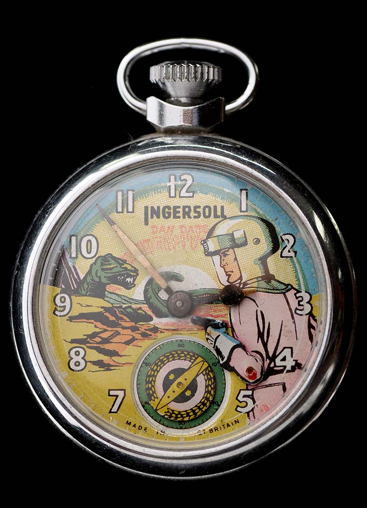 An Ingersoll 'Dan Dare' pocket watch, the colour printed dial with animated 'Dan Dare' figure