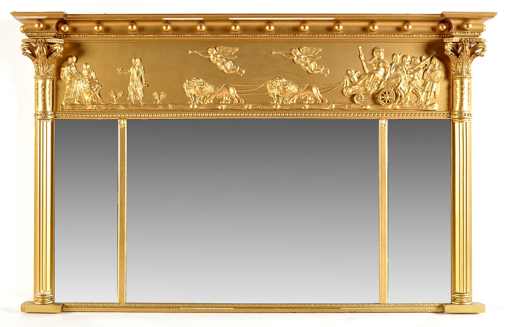 A Regency style gilt gesso breakfront overmantel mirror, with cannon ball decoration to the