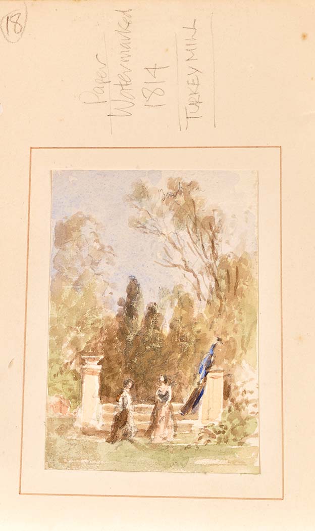 John Wilson Carmichael
(1799-1868)
WOMEN IN A GARDEN WITH A PEACOCK
watercolour
10.7 x 7.4cms; 4 1/4