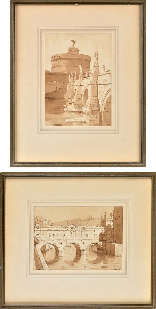 Sir Ernest George, RA
(1839-1922)
"ROME" AND "BATH"
signed with initials and inscribed
sepia wash