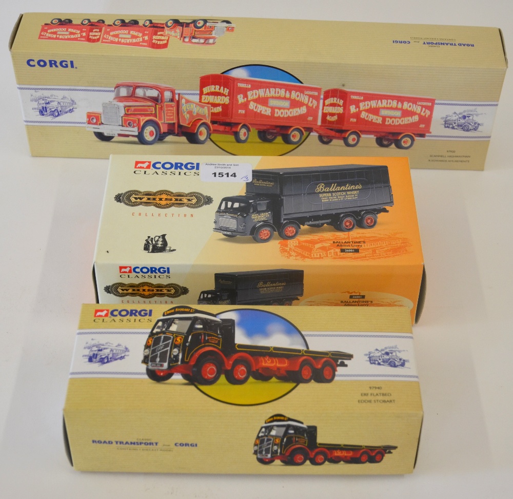 Three Corgi Classics Die-cast models, Eddie Stobart Ltd ERF Flat bed 97940, Scammell Highwayman,