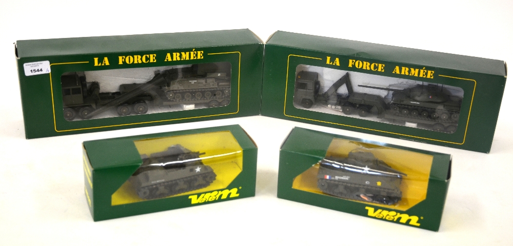 Four 'Verem La Force Armee' die-cast military vehicle models, Berliet T12 Amx30 Pluton Ref: 912,