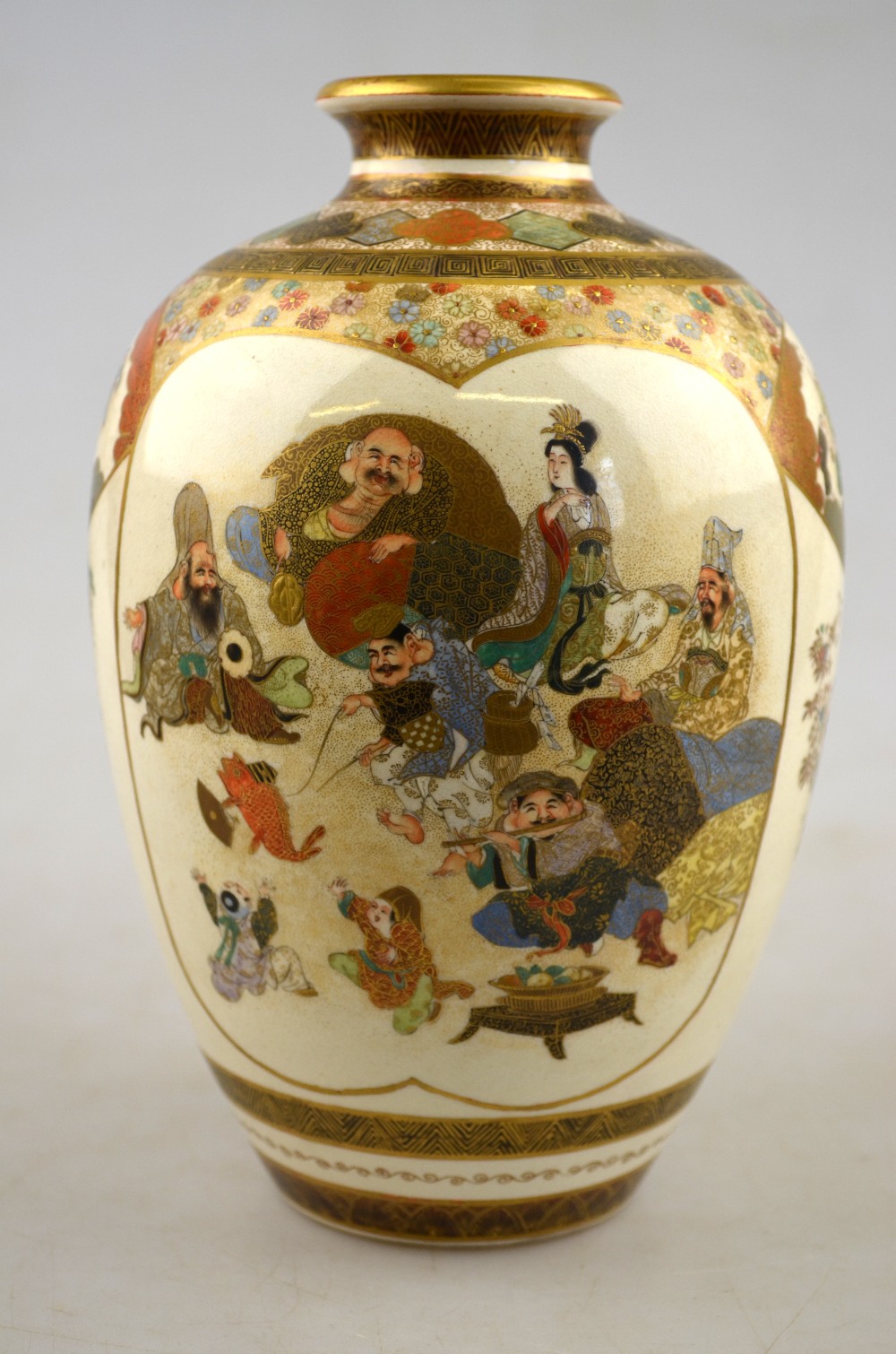 A Japanese Satsuma ovoid vase decorated with two large panels, one with six immortals at leisure, - Image 2 of 3