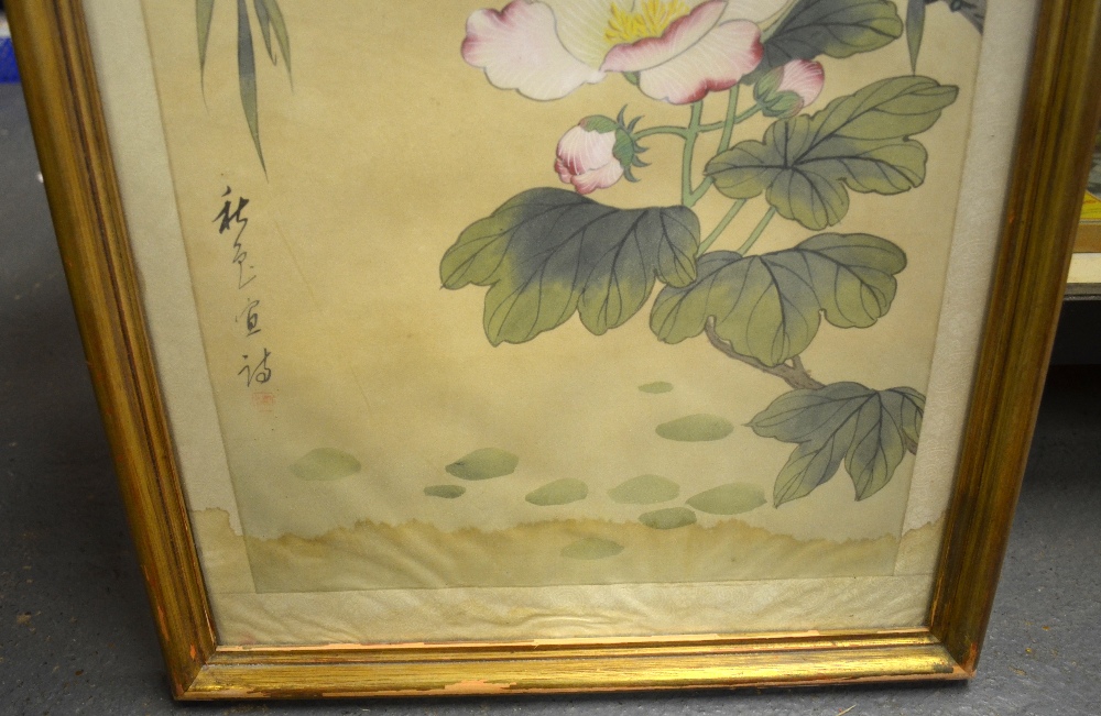 Four Chinese paintings on silk each depicting a songbird, flowers, foliage, blossom and calligraphy, - Image 3 of 12