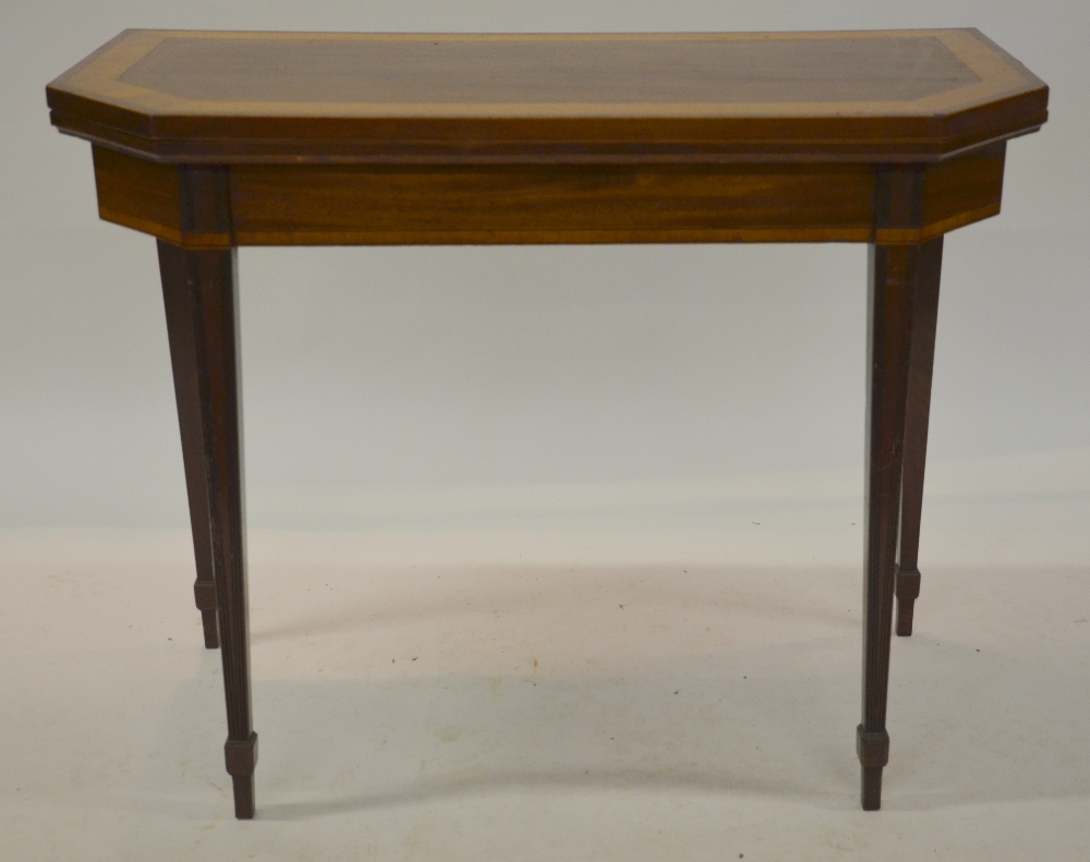 A George III satinwood and mahogany card table, the rectangular fold over top with canted corners, - Image 2 of 2