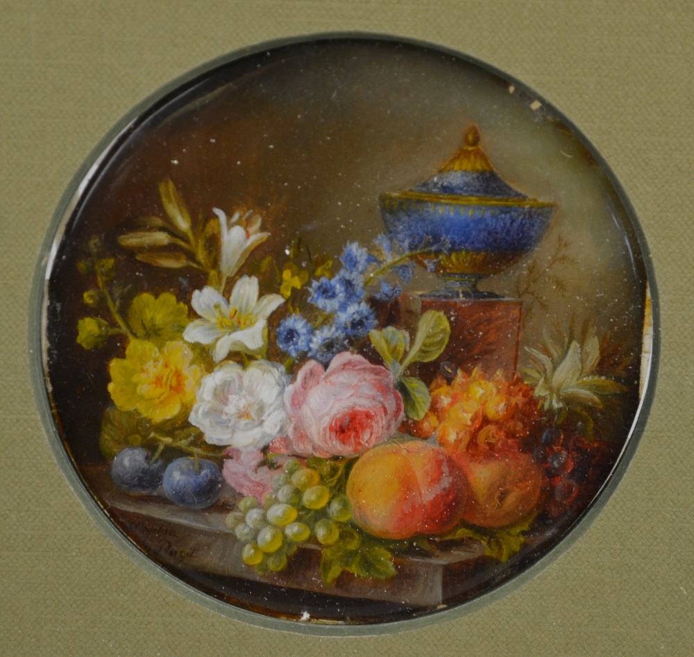 Sophia de Puget, a miniature floral still life with urn, finely painted on canvas laid behind a