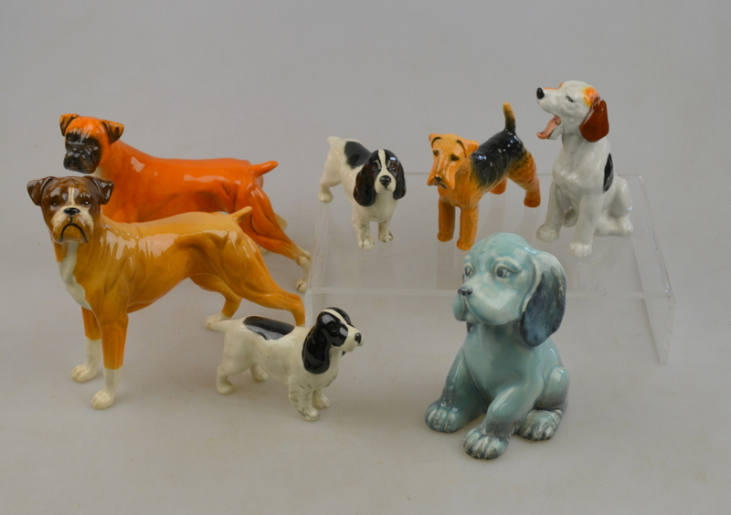Five Beswick dogs - Lollypop dog, 454; Cocker Spaniel, 1754 x 2, black & white; Lakeland Terrier
