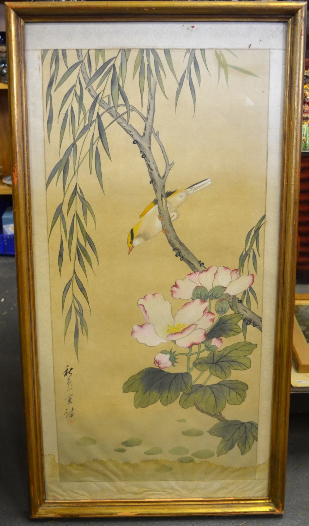 Four Chinese paintings on silk each depicting a songbird, flowers, foliage, blossom and calligraphy, - Image 12 of 12