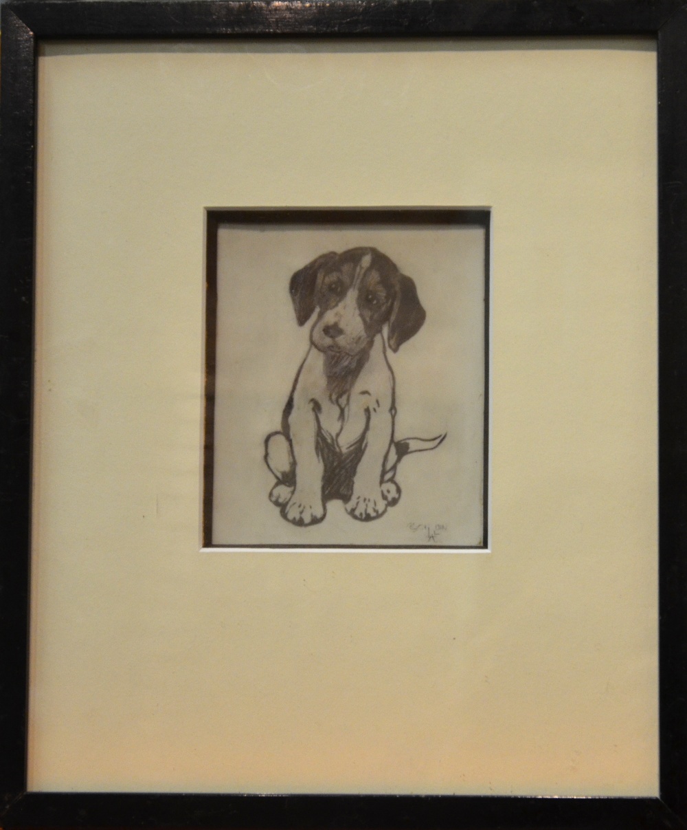 Cecil Aldin - A seated hound puppy, print on ivorine, signed lower right, 11 x 9.5 cm, original - Image 2 of 12
